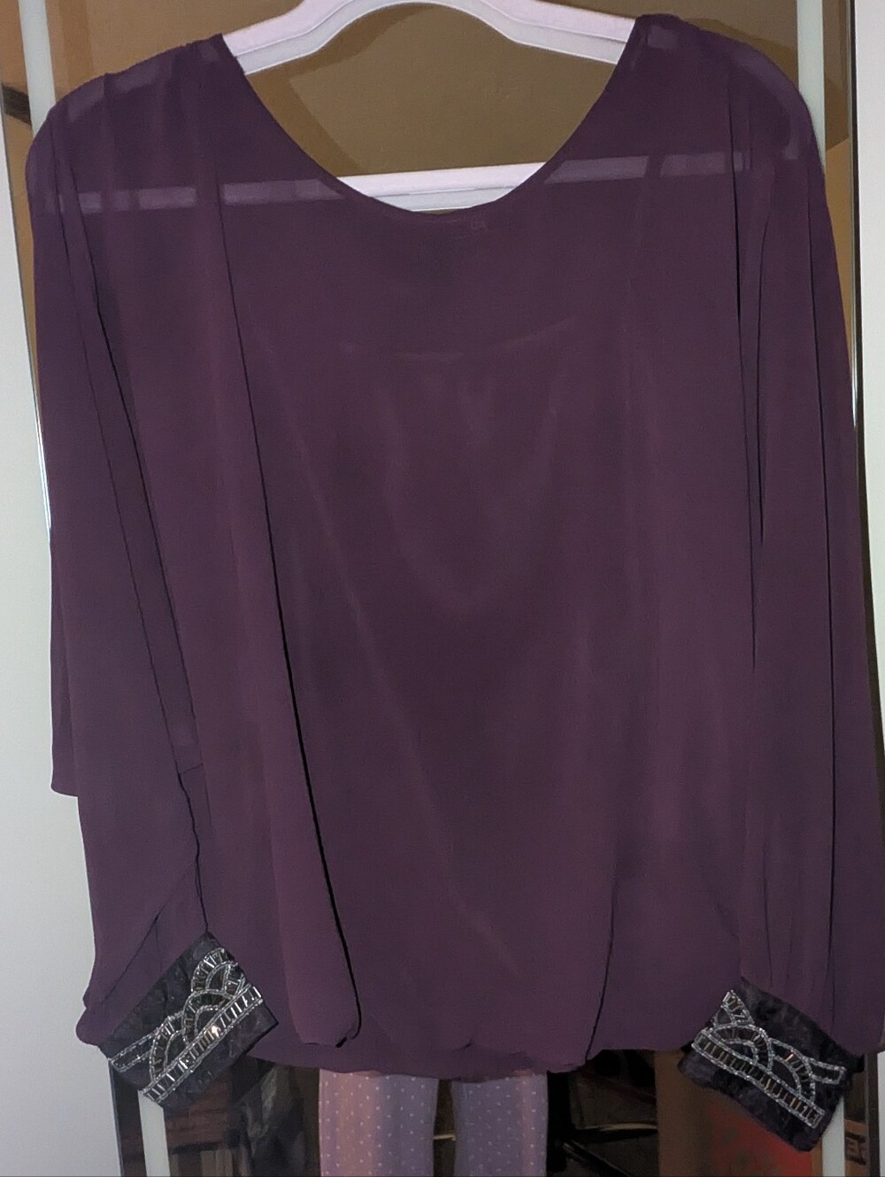 Women's Purple Long-Sleeve Chiffon Blouse with Beaded Cuffs